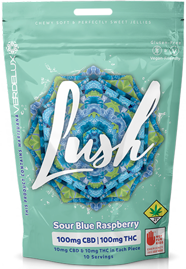 Photograph of product: Lush Blue Raspberry 1:1 Soft Jelly Chews Gummies 10-Pack Edibles Verdelux | 200mg (DOH)