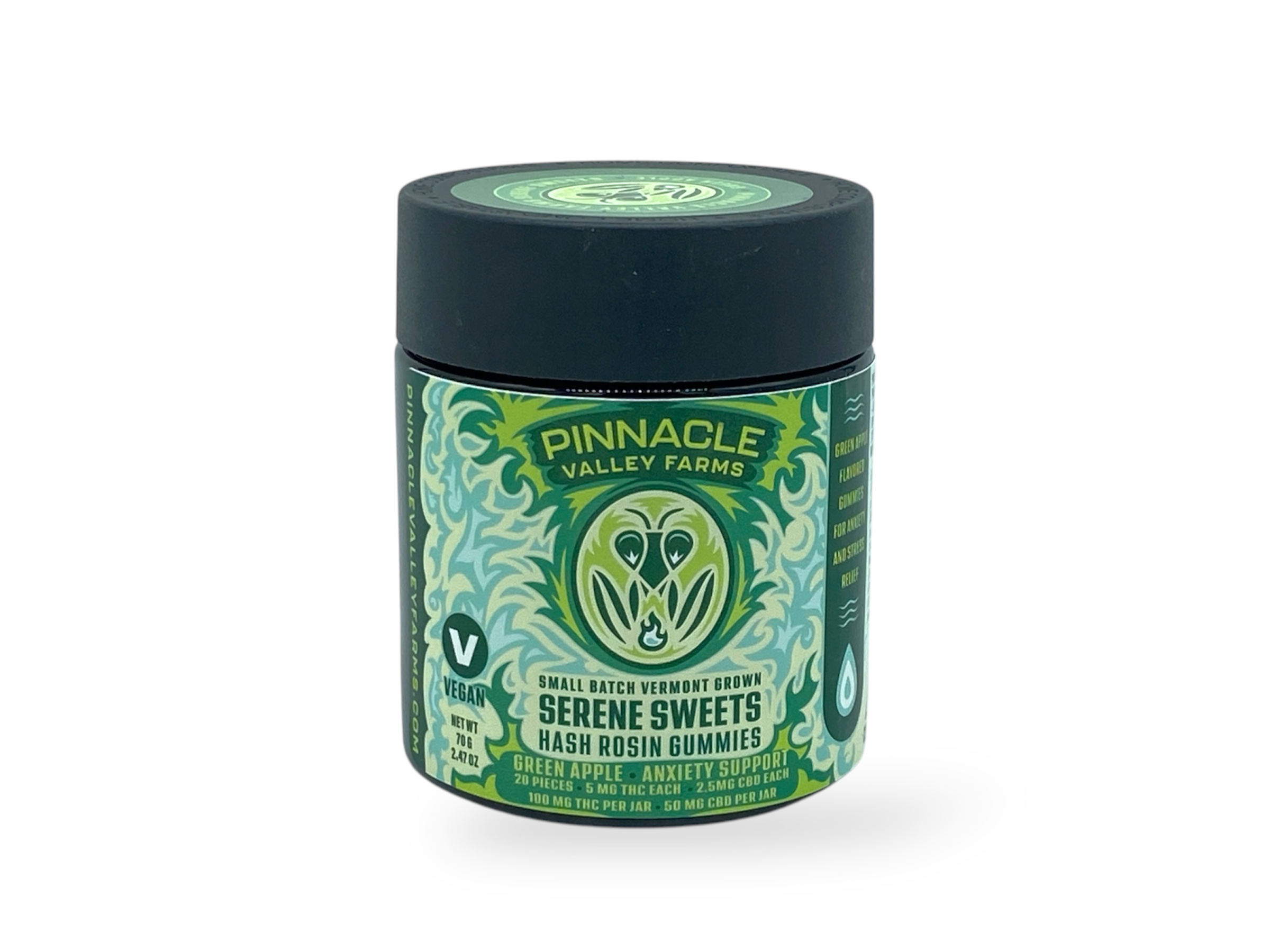 Photograph of product: Serene Sweets - Green Apple - au chocolat Rosin Gummies - Anxiety Support - 5mg TH-oui/2.5mg CBD Ea. - 20 Pieces
