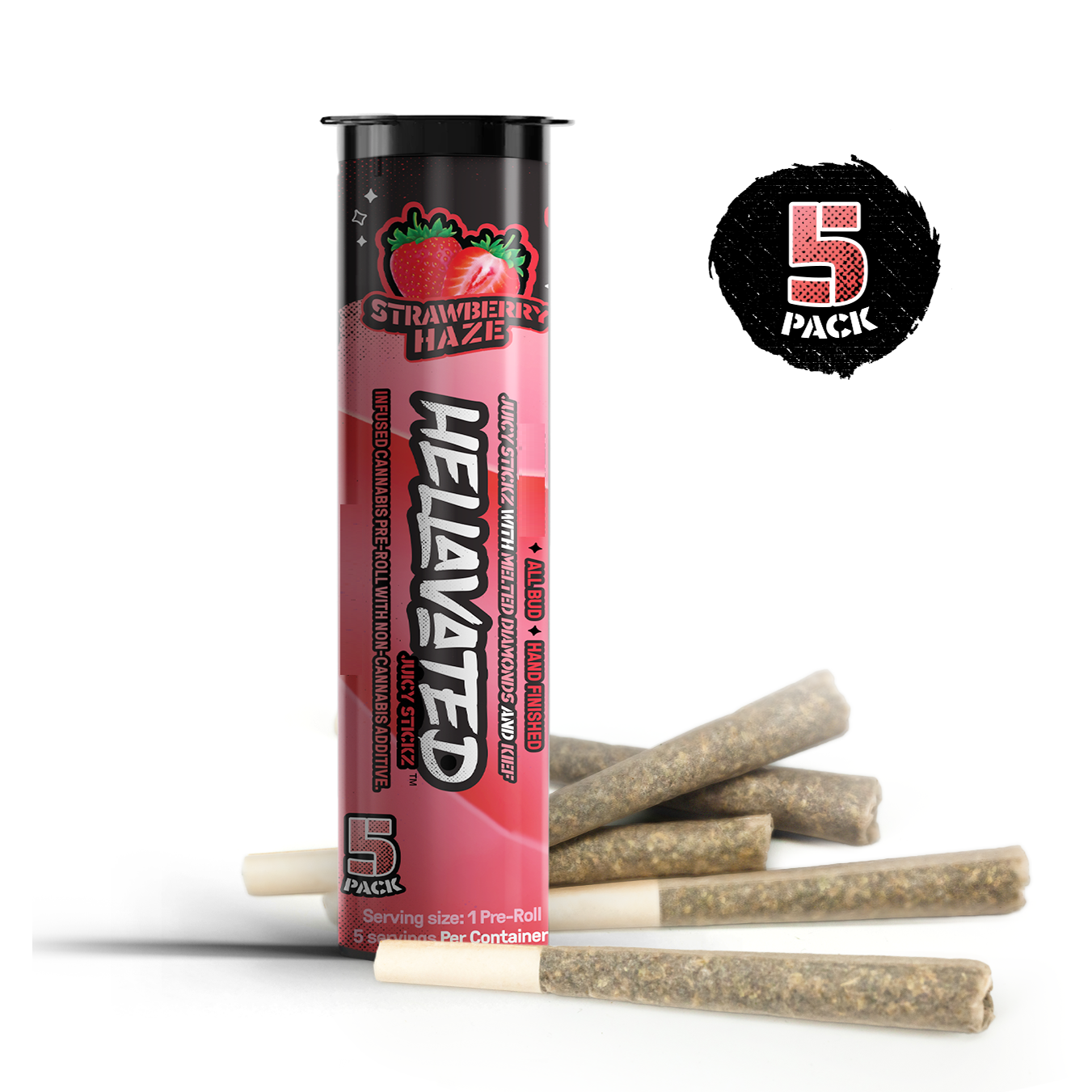 Photograph of product: Hellavated | Strawberry Haze | Infused Pre-roll Pack | 5 x 0.75g