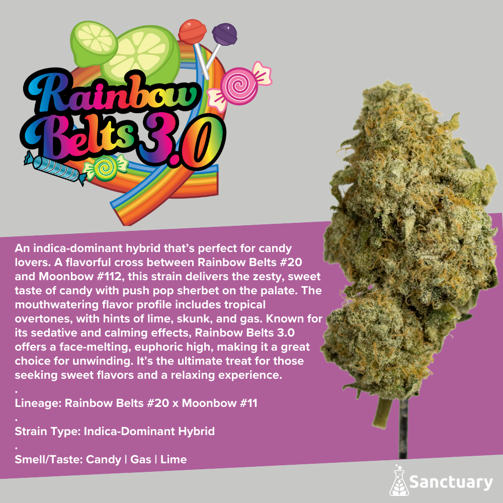 Photograph of product: Sanctuary Medicinals | 28g Flower | Rainbow Belts 3.0