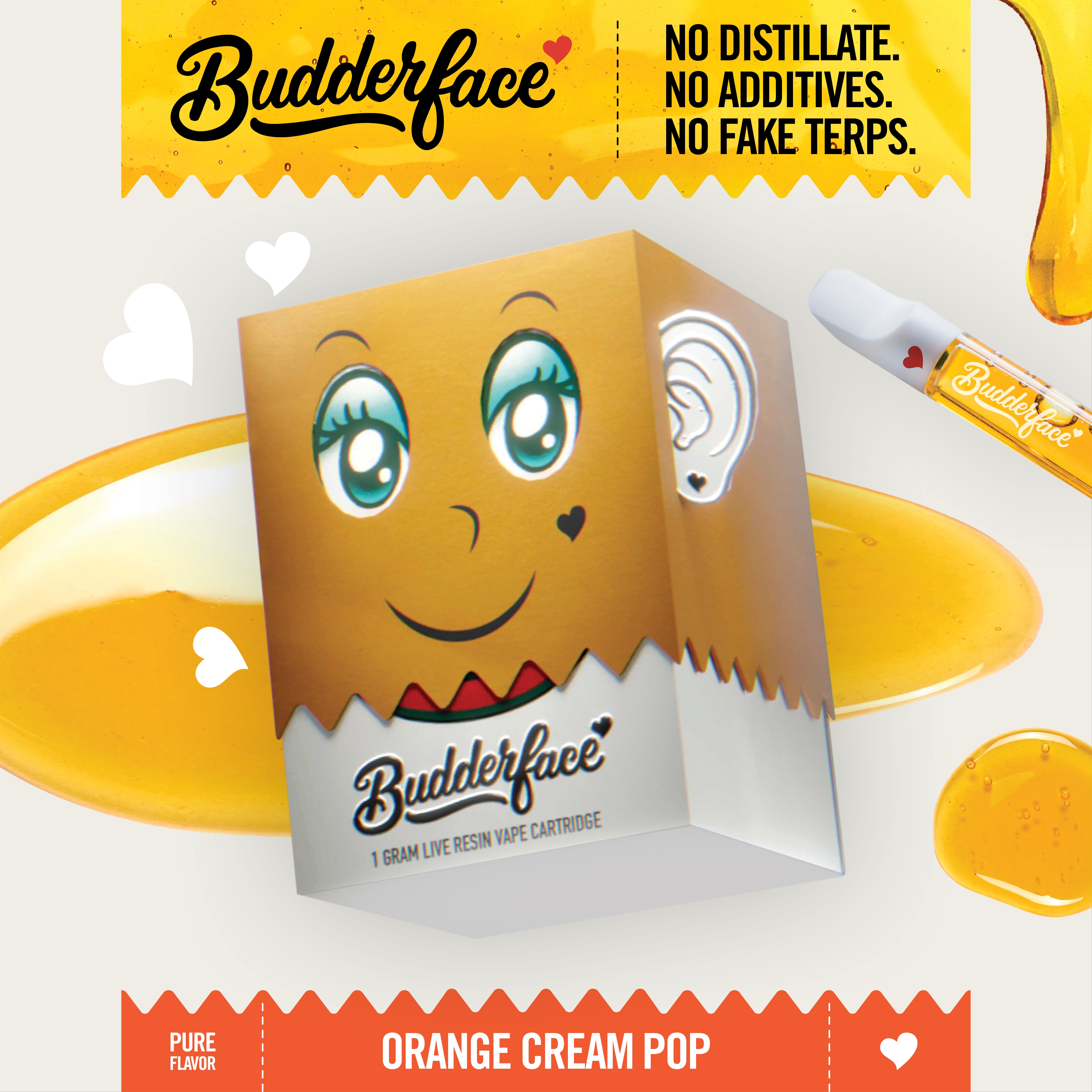 Photograph of product: BUDDERFACE | Orange Cream Pop | 1G | Artisanal Live Resin 510 Vape Cart