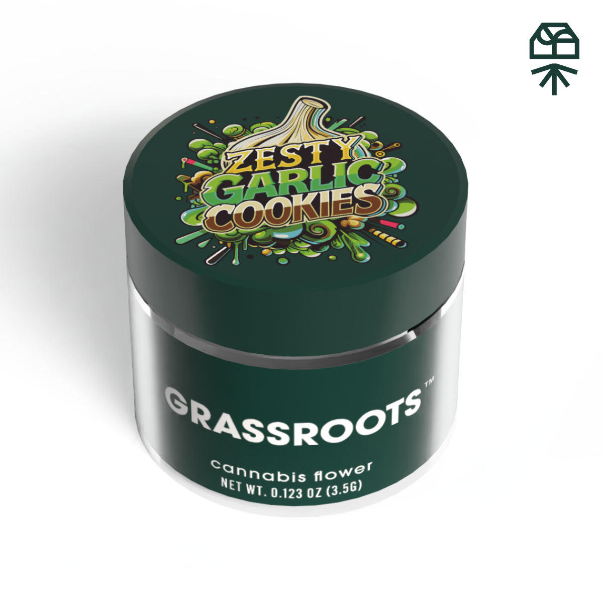 Photograph of product: Grassroots 3.5g Jar Zesty Garlic Cookies (Dark Heart Collection) Oui'd 26.78%TH-oui
