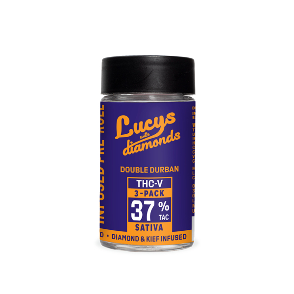 Photograph of product: Blotter | Lucy's | Double Durban | Diamond Infused Covered in Kief | 3 Pack | Pre-rolls