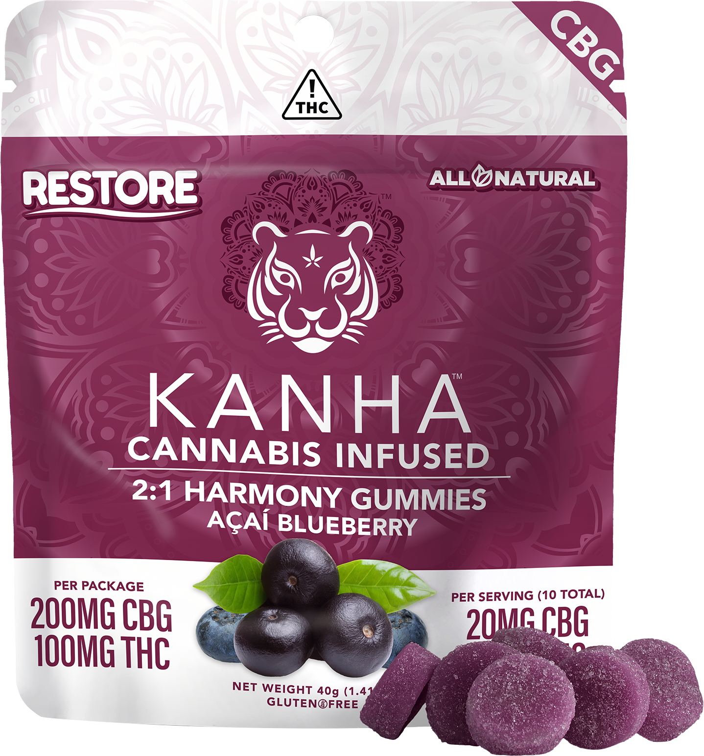 Photograph of product: Kanha 2:1 CBG:THC Acai Blueberry Harmony Restore (H) Gummies 10mg 10pk