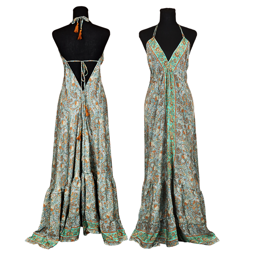 Photograph of product: AFG | Halter Top Tie Front Silk Full Length Dress