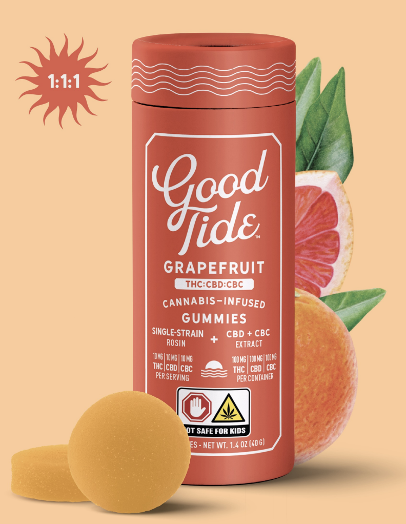 Photograph of product: Good Tide l Grapefruit Rosin Gummies l 1:1:1 [TH-oui:CBD:CBC] l 10pk l 100mg