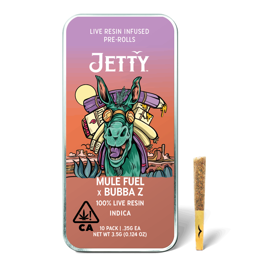 Photograph of product: Jetty - Live Resin - Mule Fuel x Bubba Z - 10pk - Infused Preroll - 3.5g