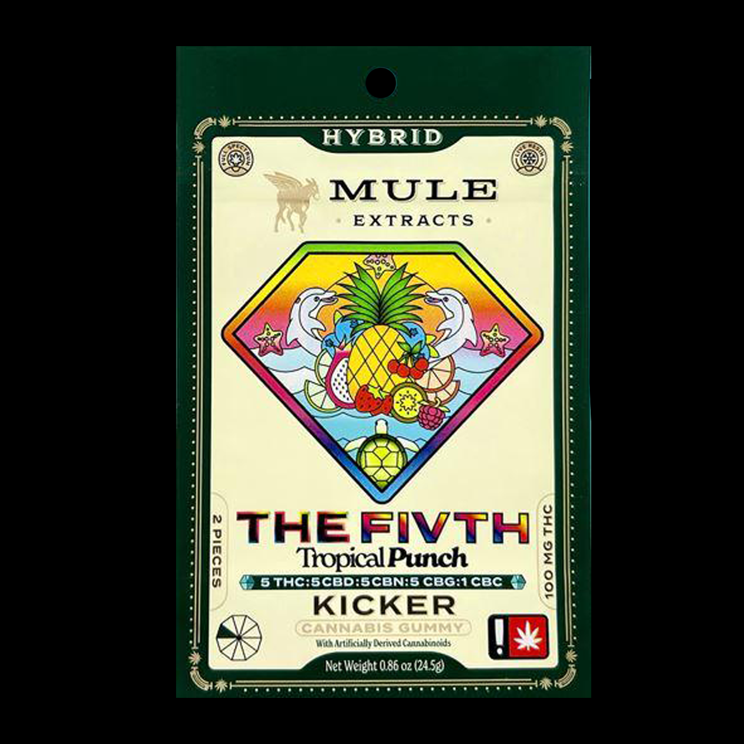 Photograph of product: Mule 100mg 5:5:5:5:1 TH-oui:CBD:CBN:CBG:CBC TROPICAL PUNCH "THE FIVTH" Hybrid Kicker 2pk