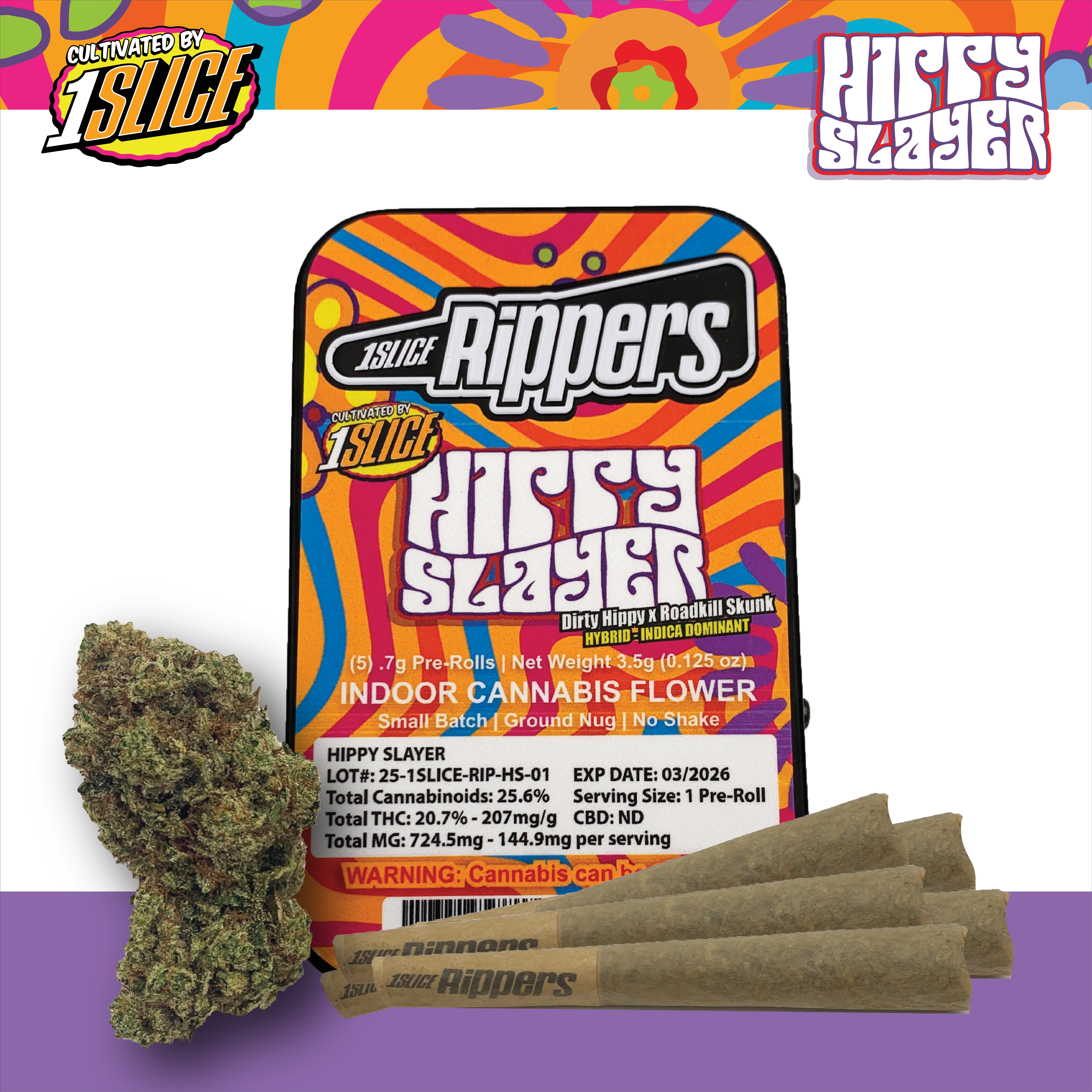 Photograph of product: 1Slice Rippers Hippy Slayer (Oui'd-Hybrid) Pre-Rolls 5pk