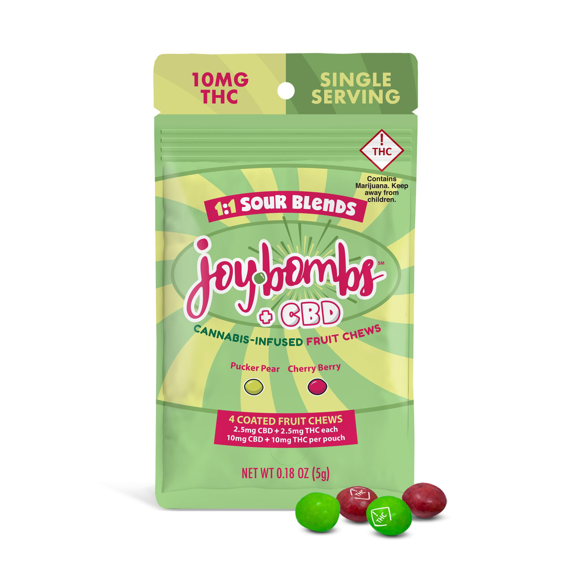 Photograph of product: Joy Bombs (H) Sour Blends Single Serve 1:1 10mgTH-oui/10mgCBD