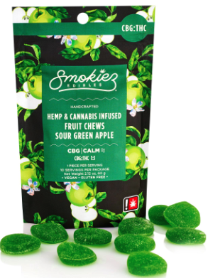 Photograph of product: Smokiez | 10 Piece | Sour Green Apple 1:1 CBG:TH-oui | 100mg:100mg
