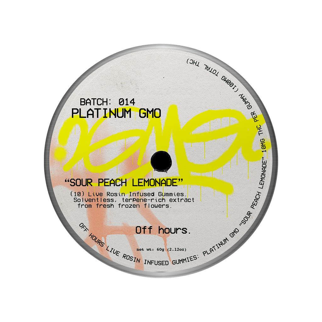 Photograph of product: Off Hours | #014 Platinum GMO "Sour Peach Lemonade" Live Rosin Gummies - 100mg