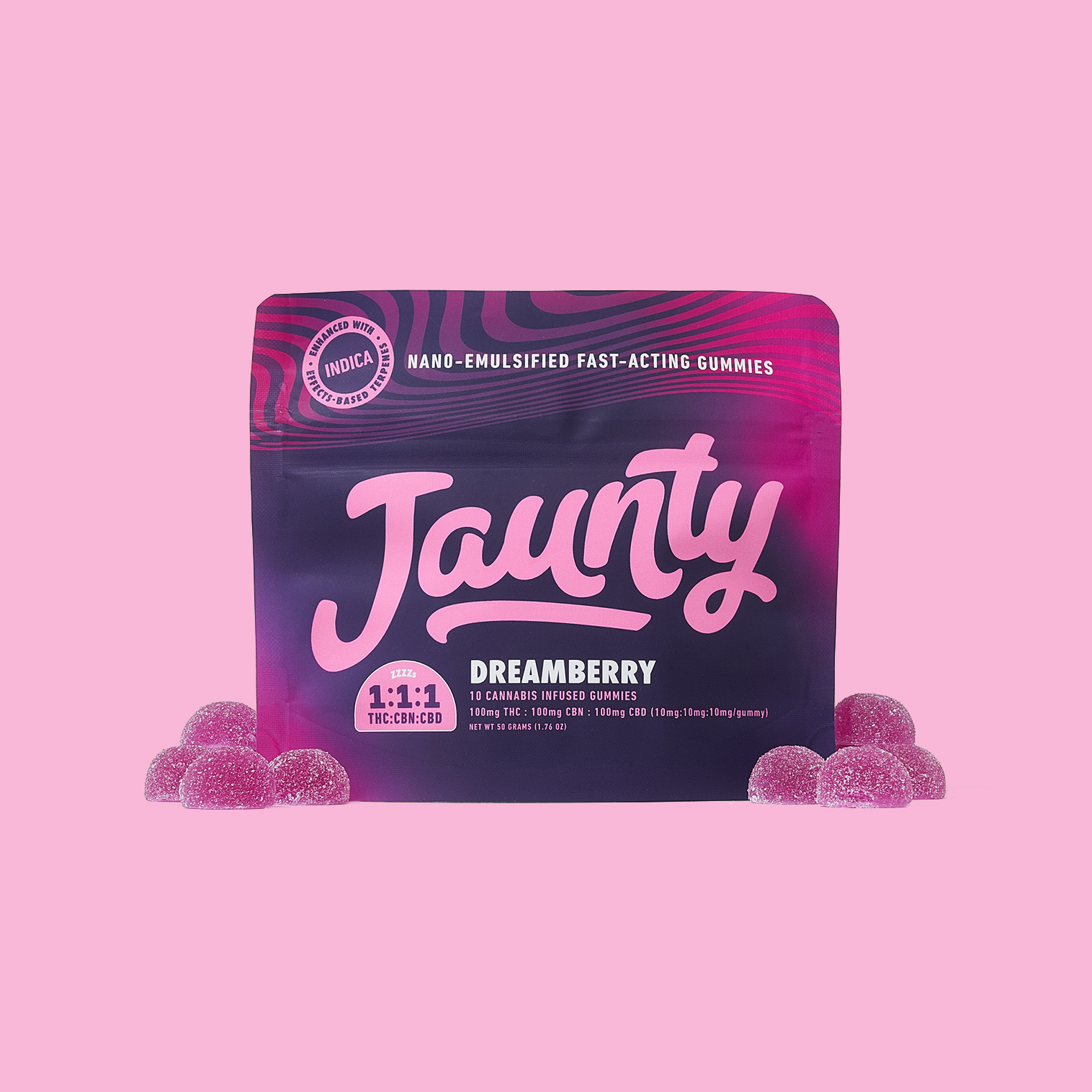 Photograph of product: Jaunty - Dreamberry Gummies 2ct 1:1:1 TH-oui:CBN:CBD 20mg