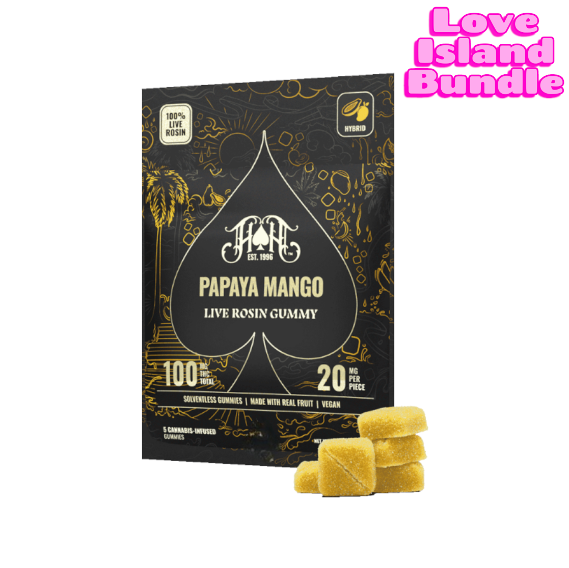 Photograph of product: Heavy Hitters Papaya Mango 5pk 20mg Live Rosin Gummies