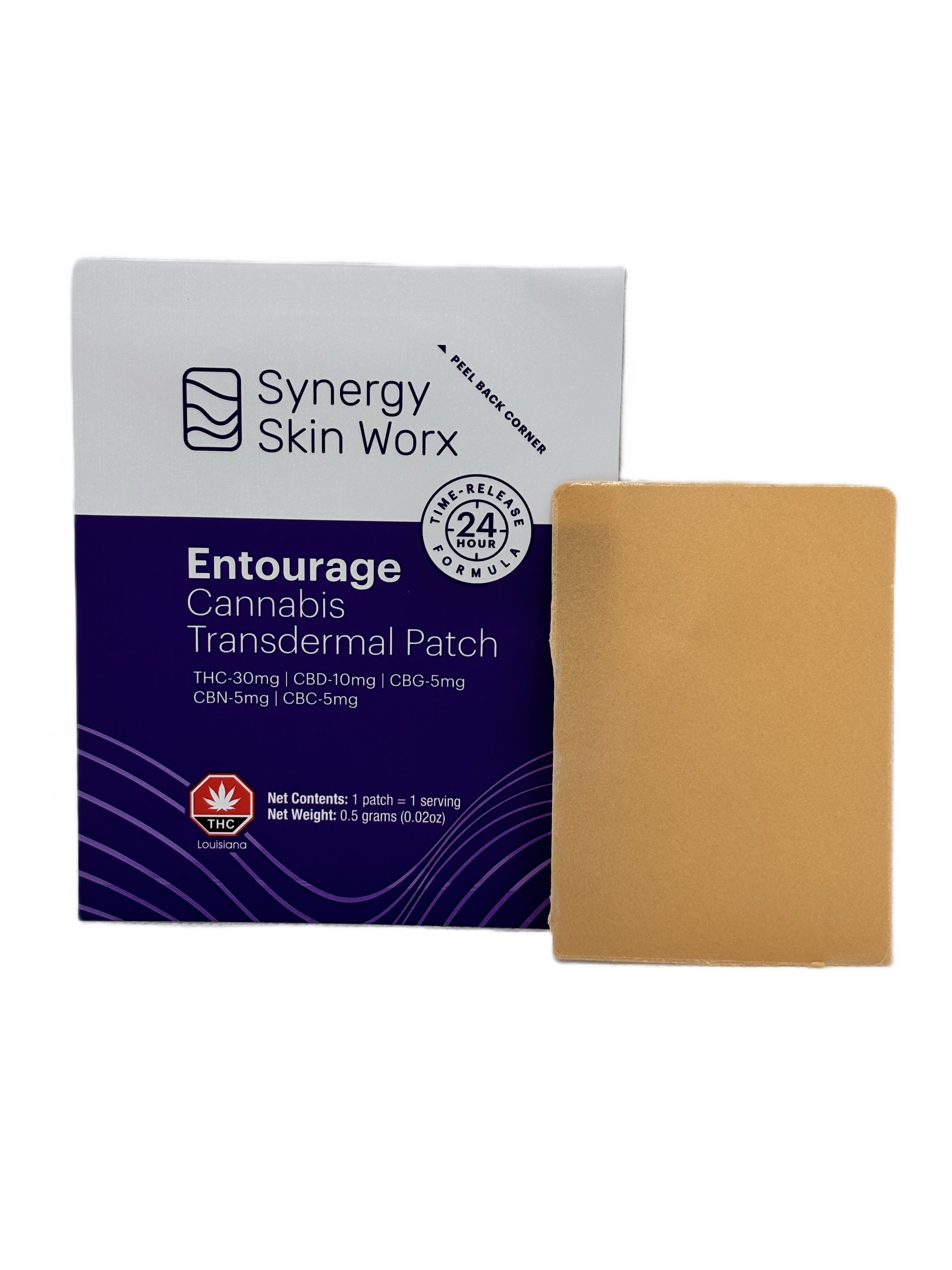 Photograph of product: Synergy Skin Worx: Patch | Entourage Transdermal | 30mg TH-oui : 10mg CBD : 5mg CBG : 5mg CBN : 5mg CBC