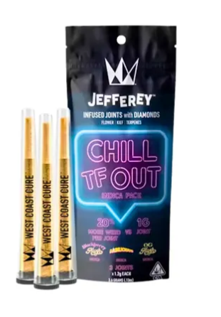 Photograph of product: CHILL TF OUT 3.6G INFUSED 3 PACK PREROLL (BLACKBERRY KUSH, DABILICOUS, OG KUSH))