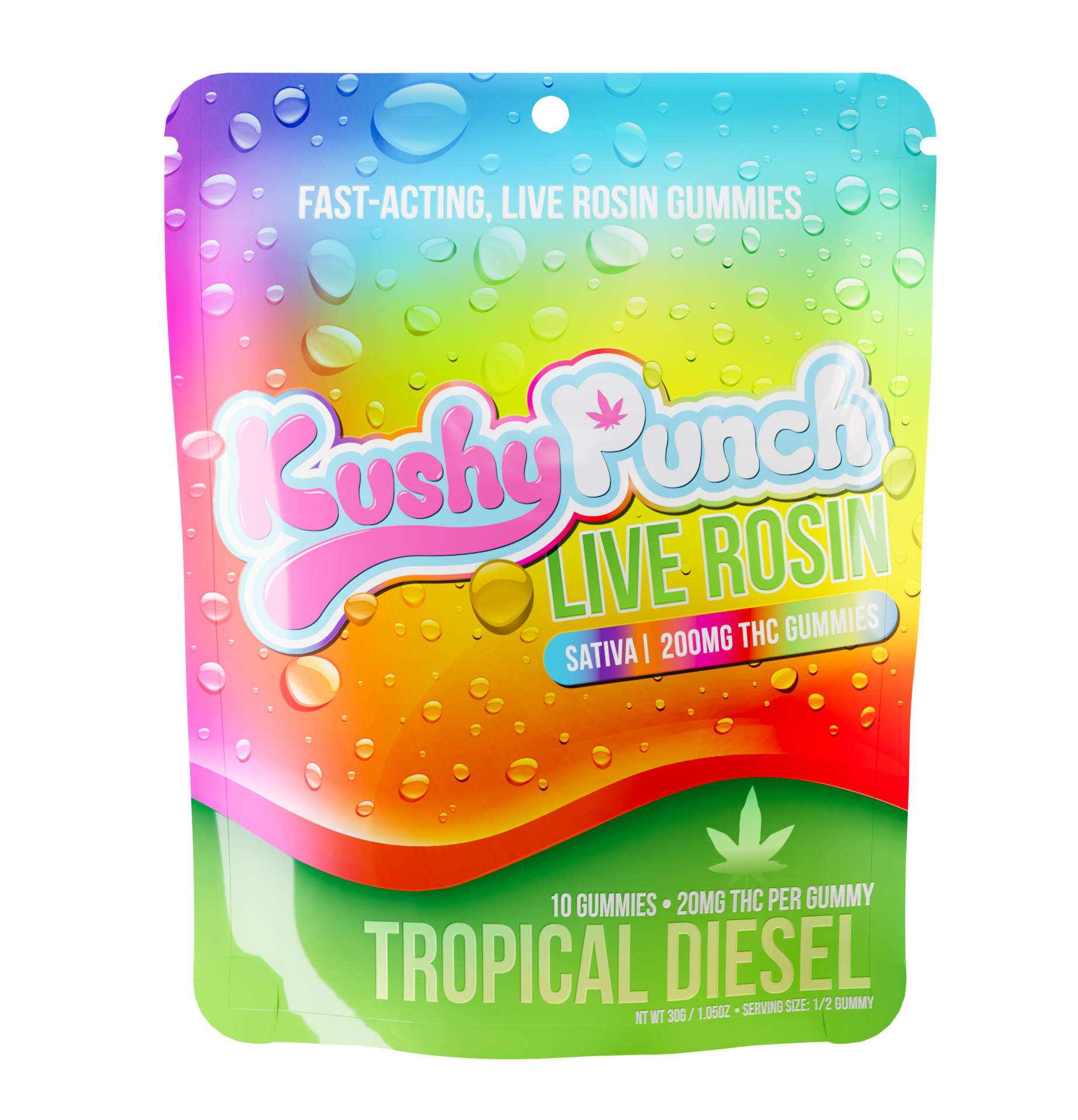 Photograph of product: Kushy Punch Oui'd Tropical Diesel Live Rosin Gummies 200mg Rec