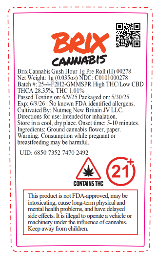 Photograph of product: Gush Hour 1g Pre Roll (H) 00278