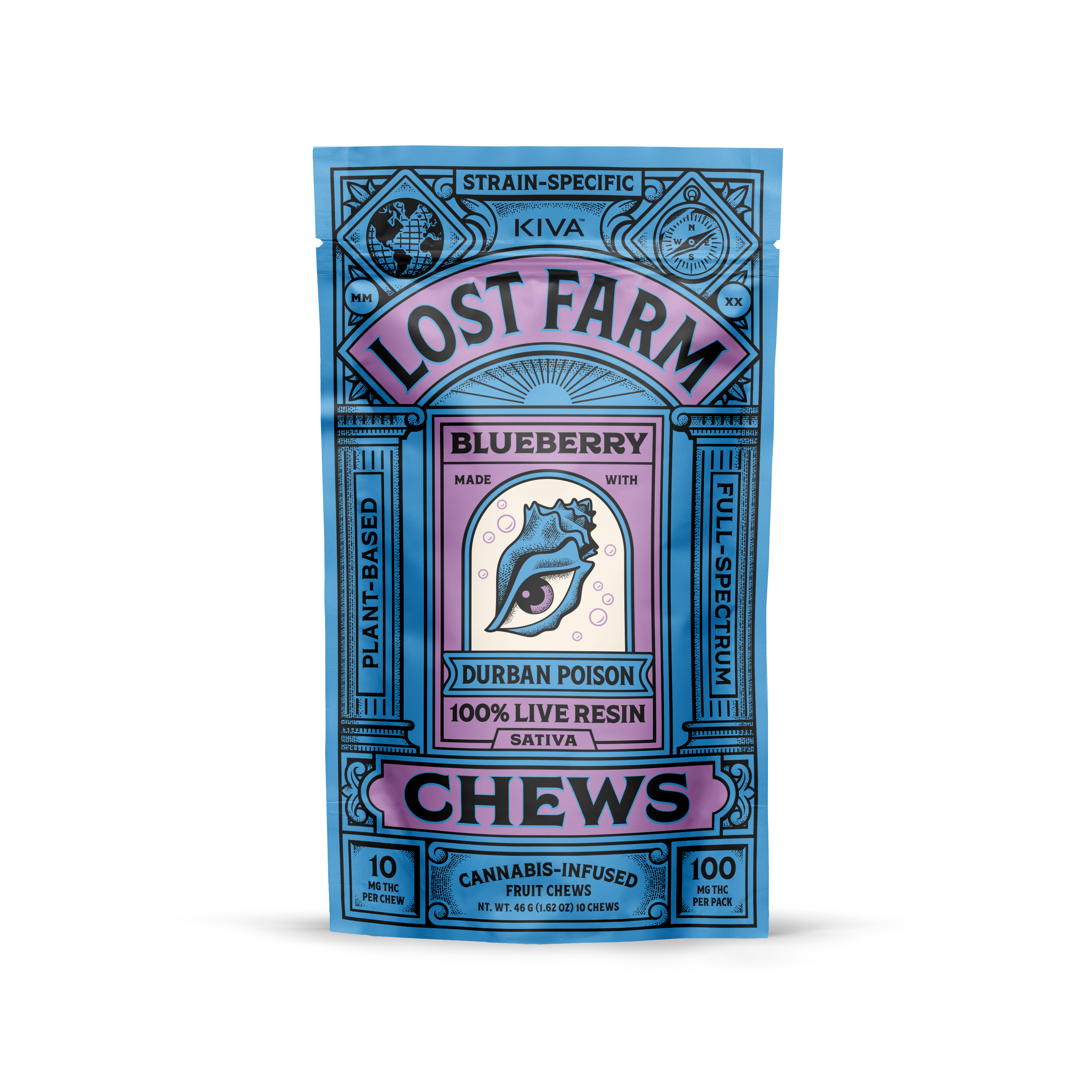 Photograph of product: Lost Farm Blueberry X Durban Poison Fruit Chews 100mg (10-Pack | 10mg Each)