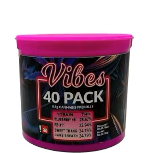 Photograph of product: Vibes .5g DUTCH BABY/SUPER BAD/TIGER CANDY/TROP CHERRY Pre Roll 40pk