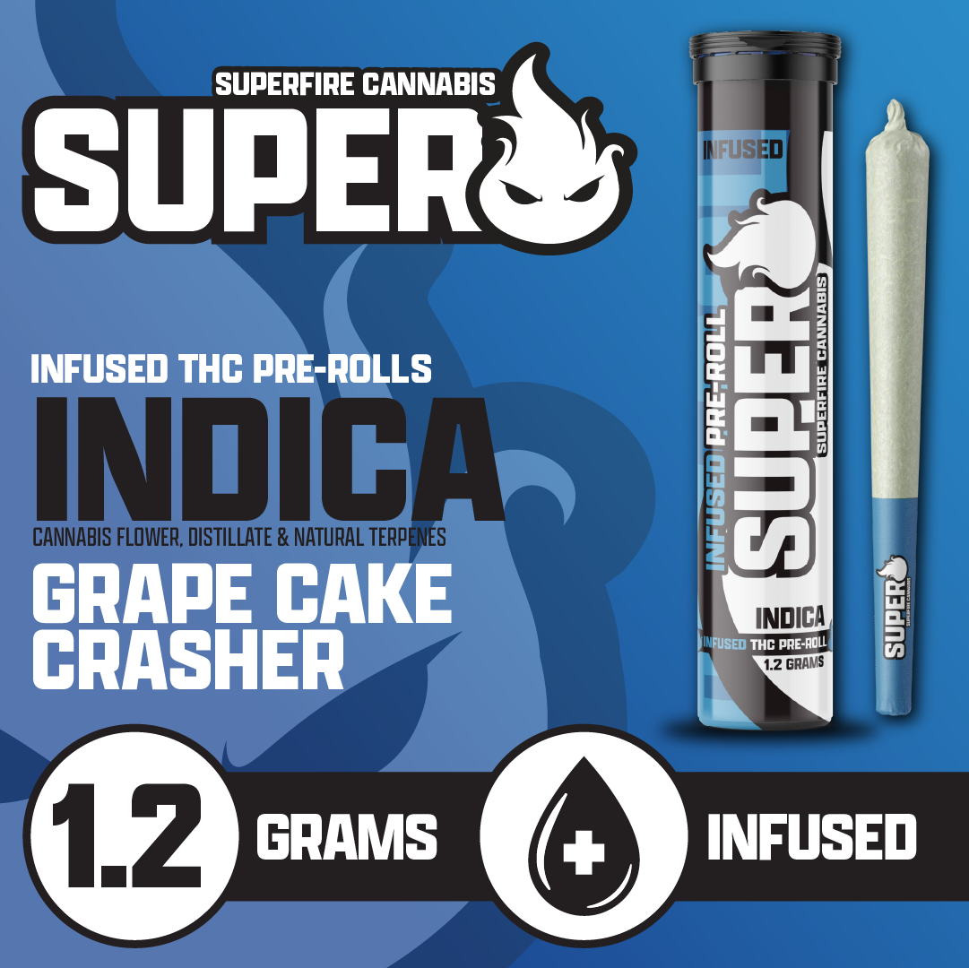 Photograph of product: SuperFire 1.2g Infused Pre-Roll - Grape Cake Crasher