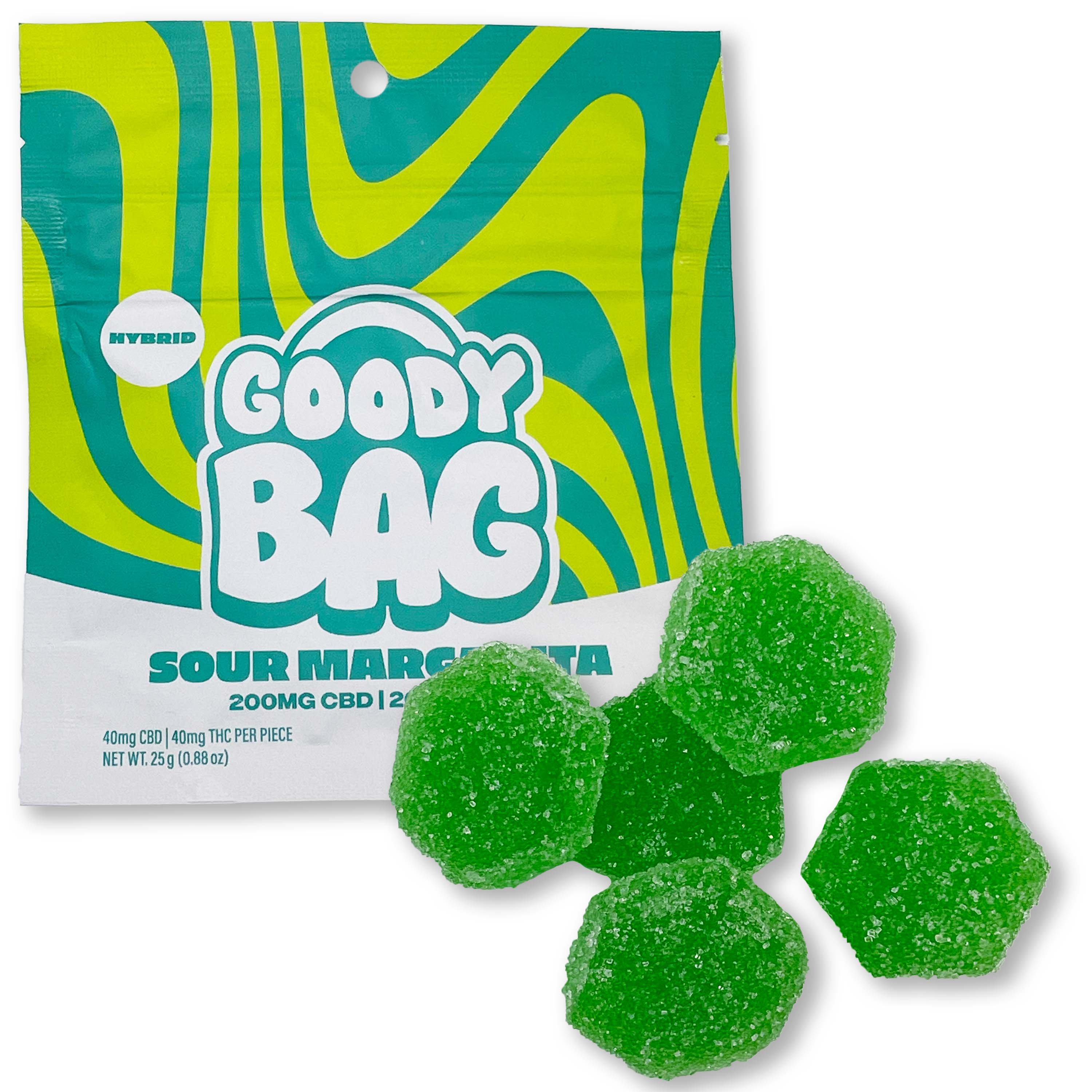 Photograph of product: Goody Bag - Sour Margarita 1:1 Gummies - 200mg CBD / 200mg TH-oui