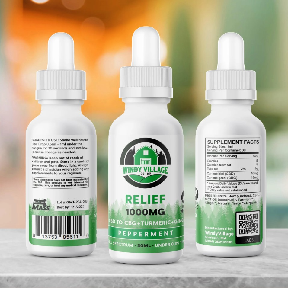 Photograph of product: CBD Tincture | Relief | Peppermint | 1:1 CBD : CBG | 4000mg | 30ml