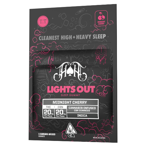 Photograph of product: MIDNIGHT CHERRY 'LIGHTS OUT' 100MG TH-oui / 100MG CBN GUMMY PACK