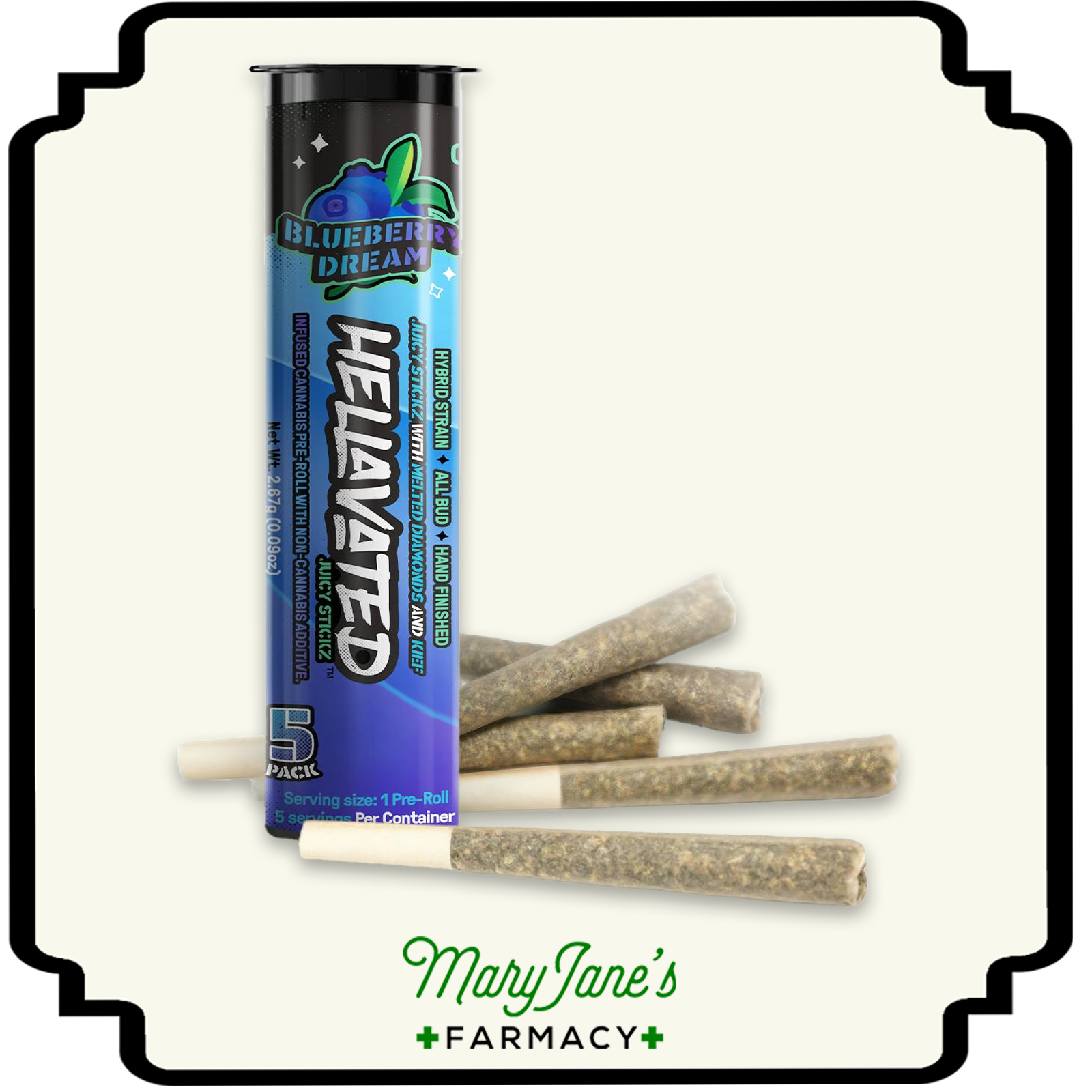 Photograph of product: Blueberry Dream Juicy Stickz Infused Flavored Pre-roll | .5g 5-Pack