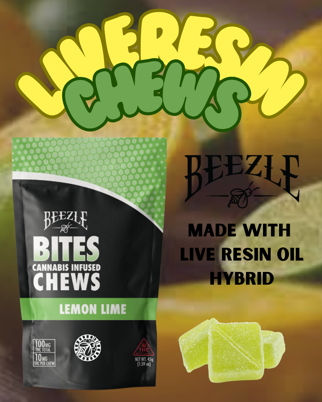 Photograph of product: Beezle Bites Gummies (100mg) Lemon Lime 10ct