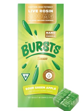 Photograph of Product: Sour Green Apple | Live Rosin | 200mg | 4 x 50mg | Bursts by Sauce