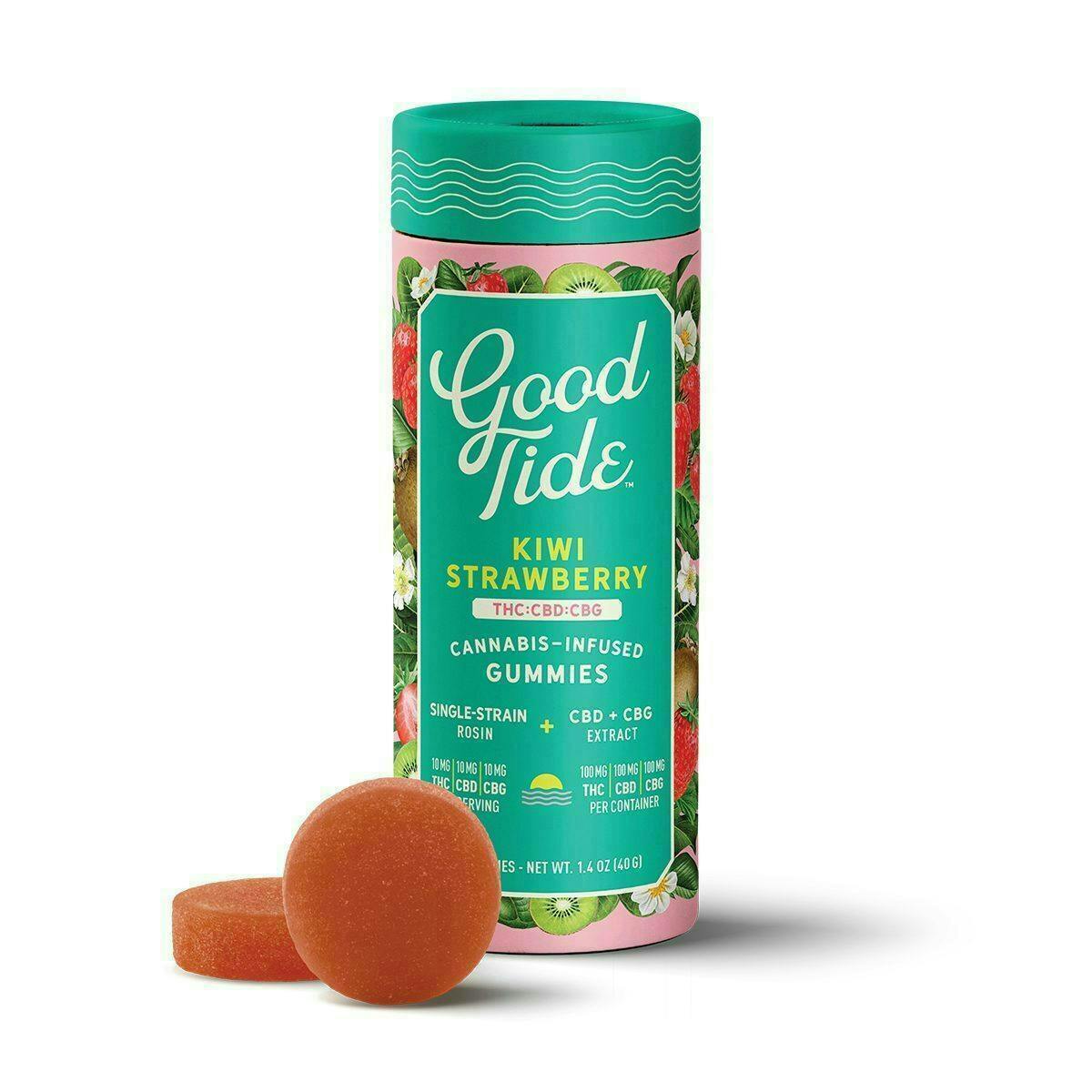 Photograph of product: Good Tide | 10 Pack | Gummies | Kiwi Strawberry | Cadillac Rainbow | TH-oui/CBD/CBG 1:1:1 | Hybrid |