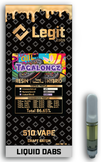 Photograph of product: Tagalongz | 510 Thread | Cured Resin | Legit Labs