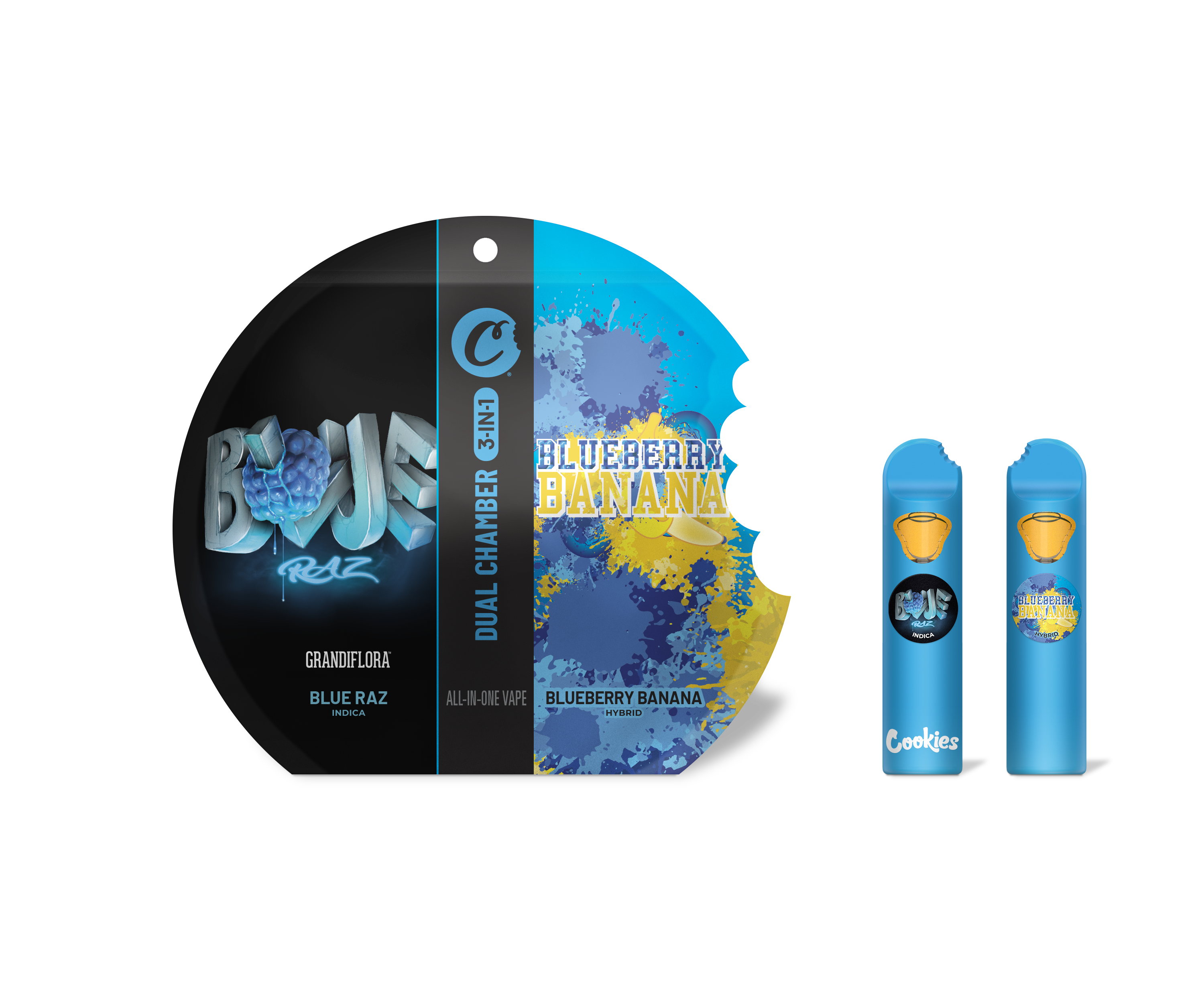 Photograph of product: BLUE RAZ/ BLUEBERRY BANANA - COOKIES - 3 IN 1 DUAL CHAMBER