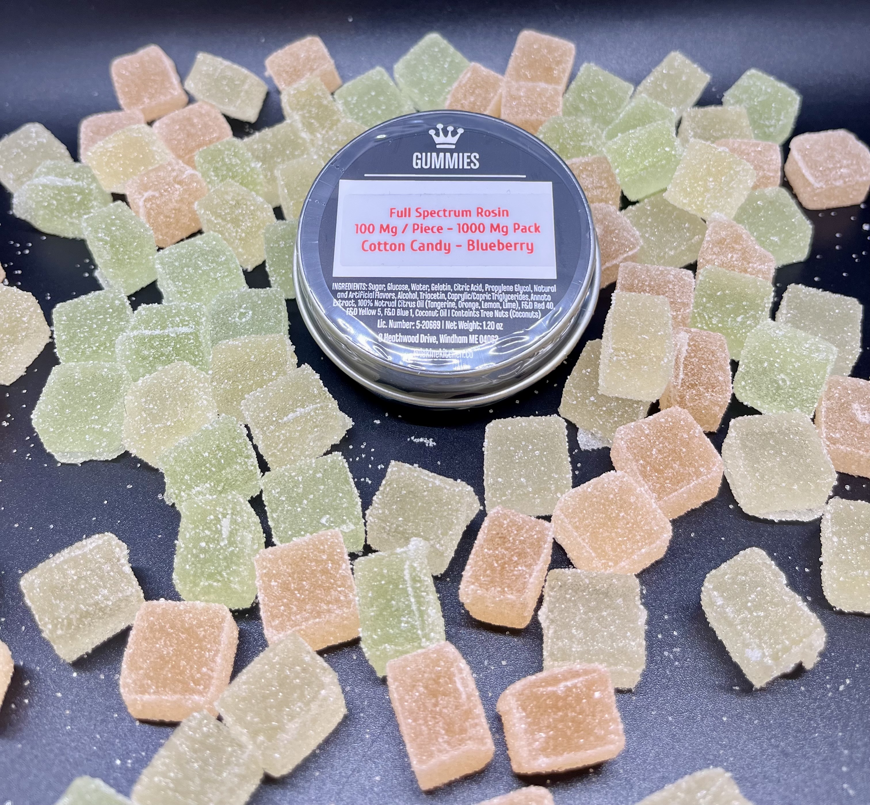 Photograph of product: Undertow x Le Kine Kitchen: Cotton Candy + Blueberry 100mg/ au chocolat Rosin Gummies