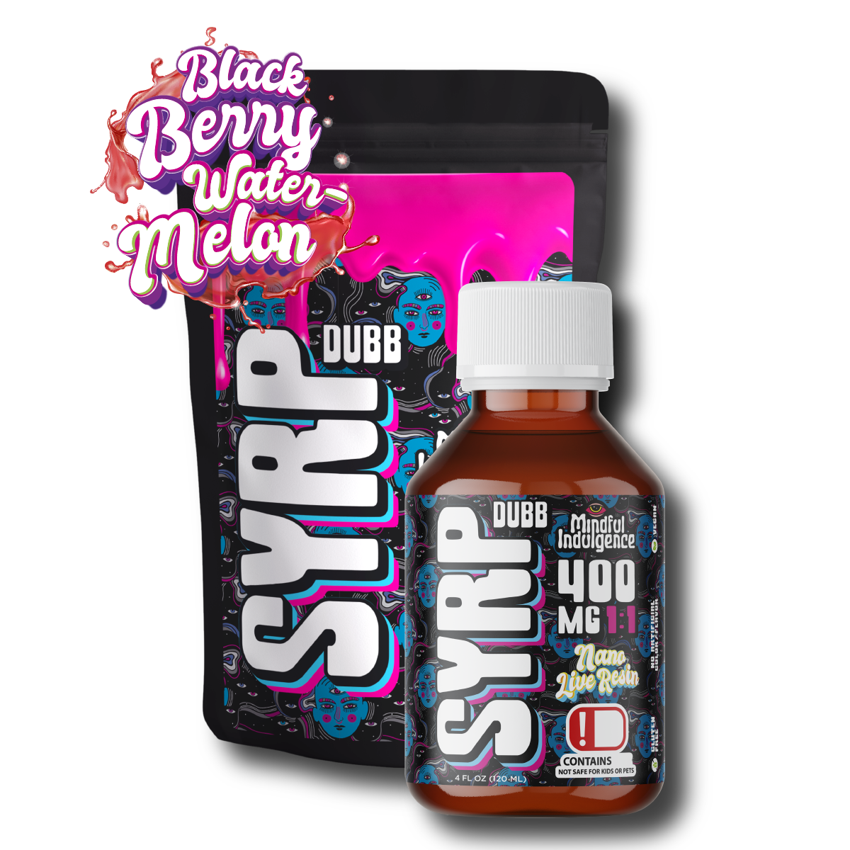 Photograph of Product: Mindful Indulgence | Terp Syrp | Blackberry Watermelon | 1:1 THC:CBD | 400mg