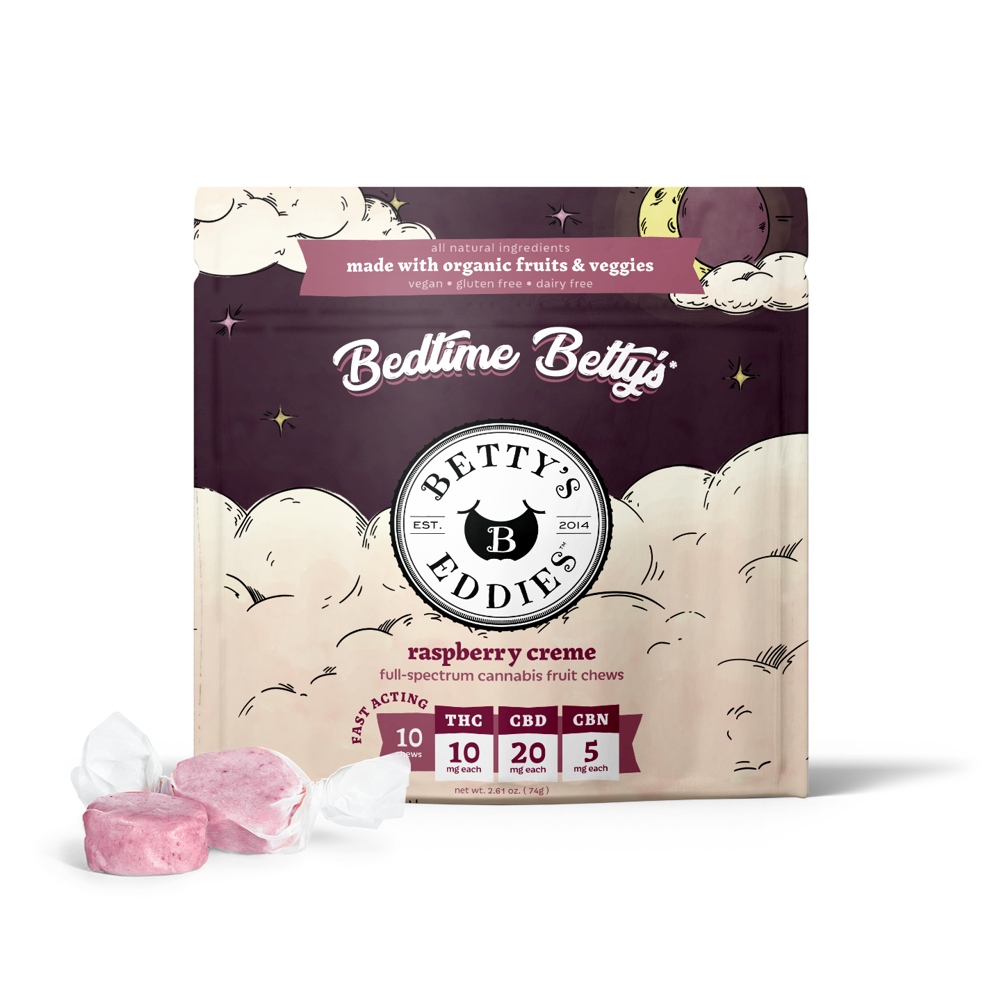 Photograph of product: Raspberry Creme | 10mg TH-oui: 20mg CBD: 5mg CBN | 10pk Fruit Chews | Betty's Eddies