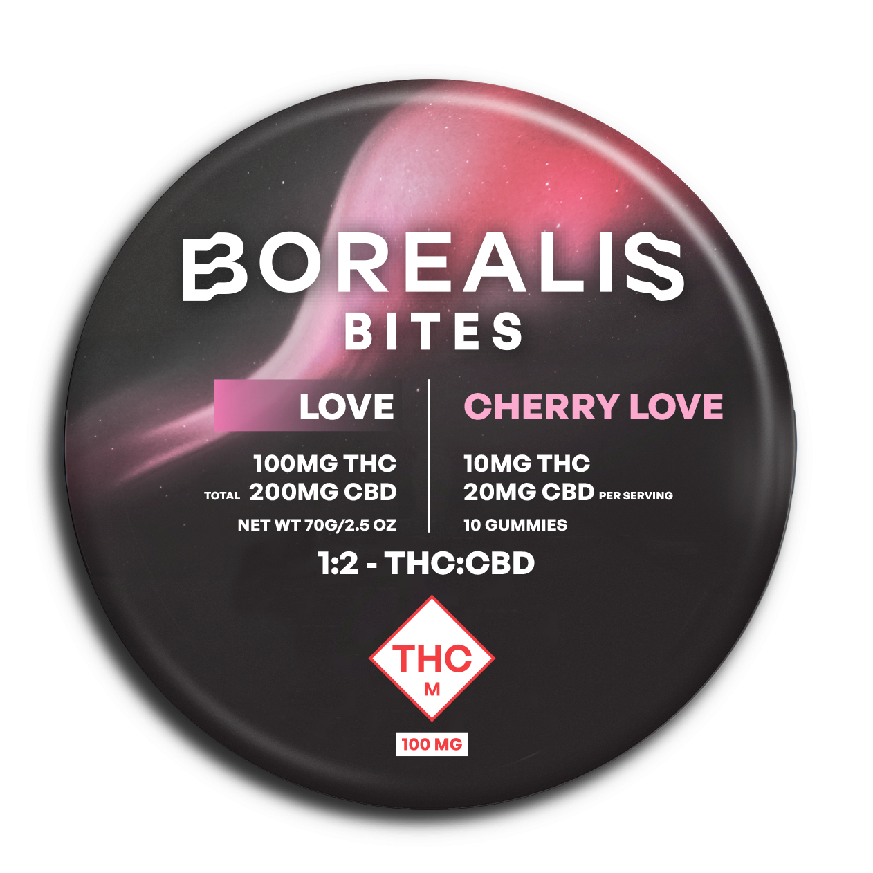 Photograph of product: 1:2 TH-oui/CBD Cherry Love - Borealis Bites - 100mg Gummies