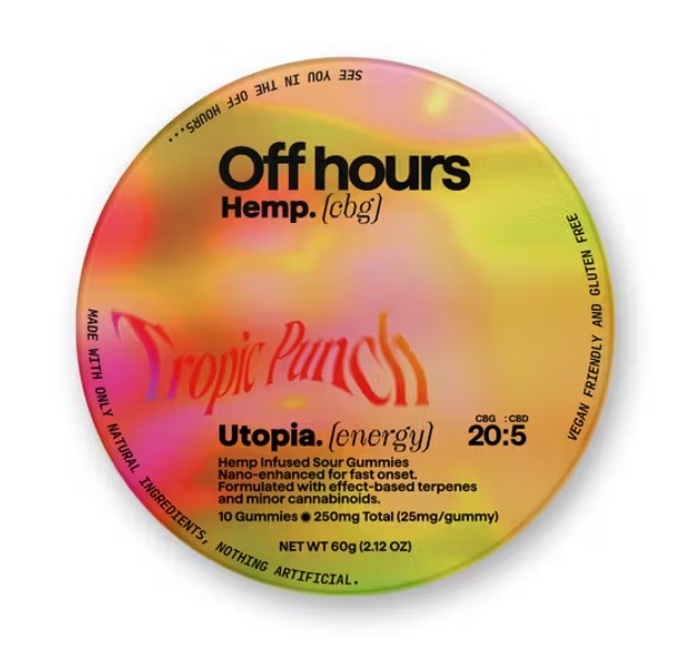 Photograph of product: Off Hours | Utopia | Tropical Punch | 20mg CBG 5mg CBD TH-oui free 10pk gummies