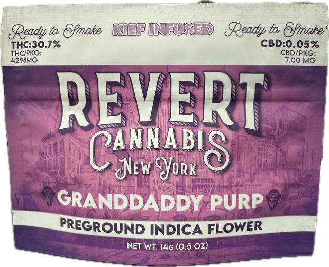 Photograph of product: Revert | Pre Ground Infused Flower | GrandDaddy Purp | Kief Infused | 14g | Oui'd | 30.7% TH-oui