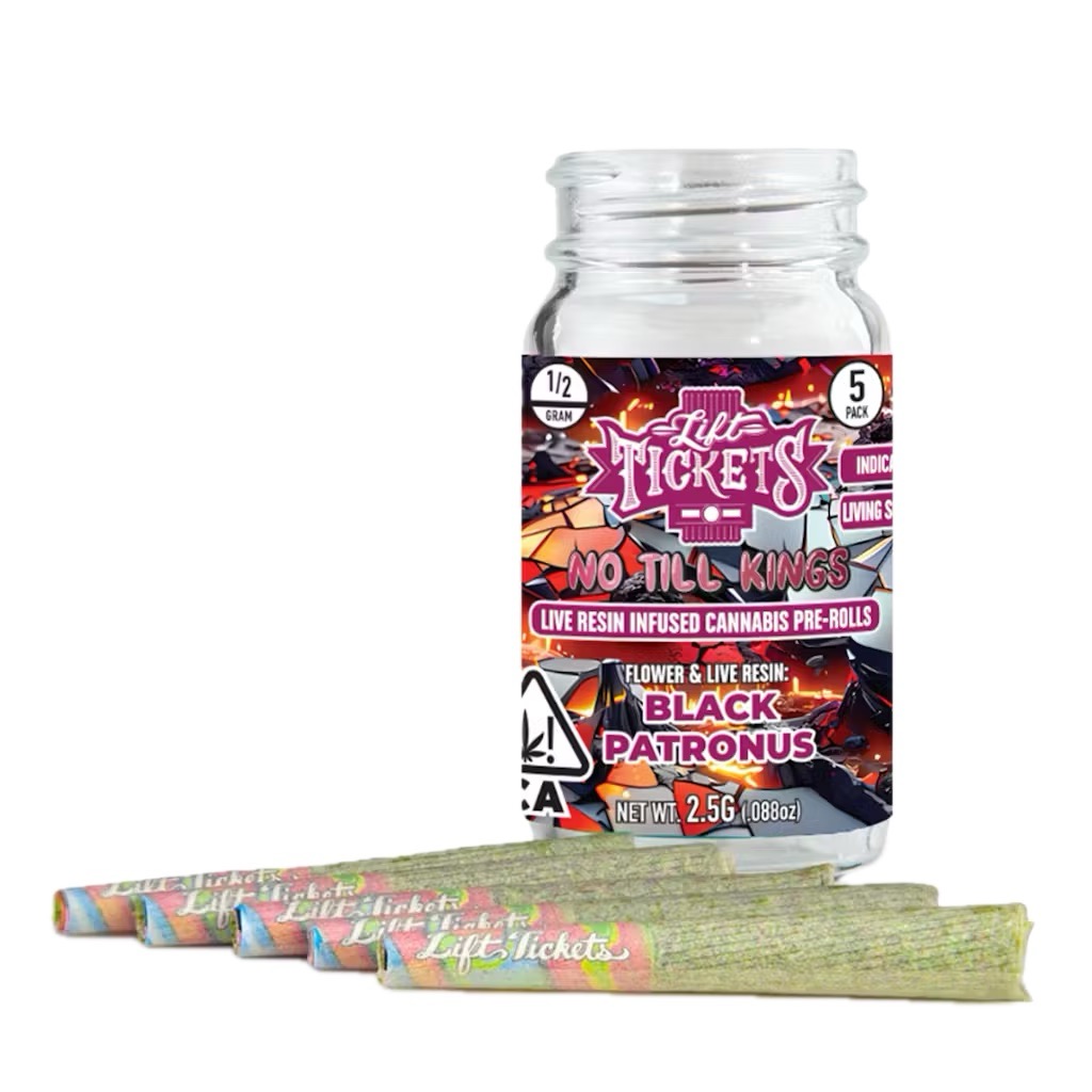 Photograph of product: LIFT TICKETS X NO TILL KINGS: BLACK PATRONUS 2.5G INFUSED PREROLL 5PK