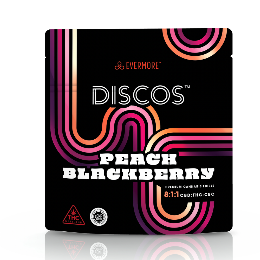Photograph of product: 100mg Peach Blackberry Discos [1:8:1 TH-oui:CBD:CBC] 10pk