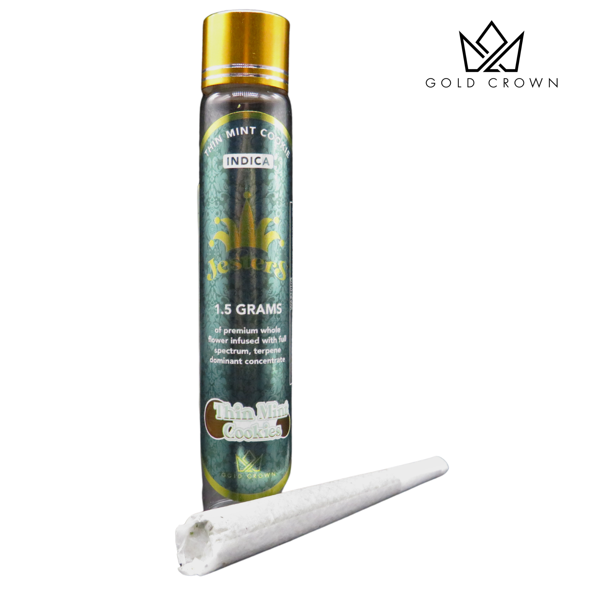 Photograph of product: Gold Crown | Jesters | Thin Mint Cookies | Live Resin Infused Preroll