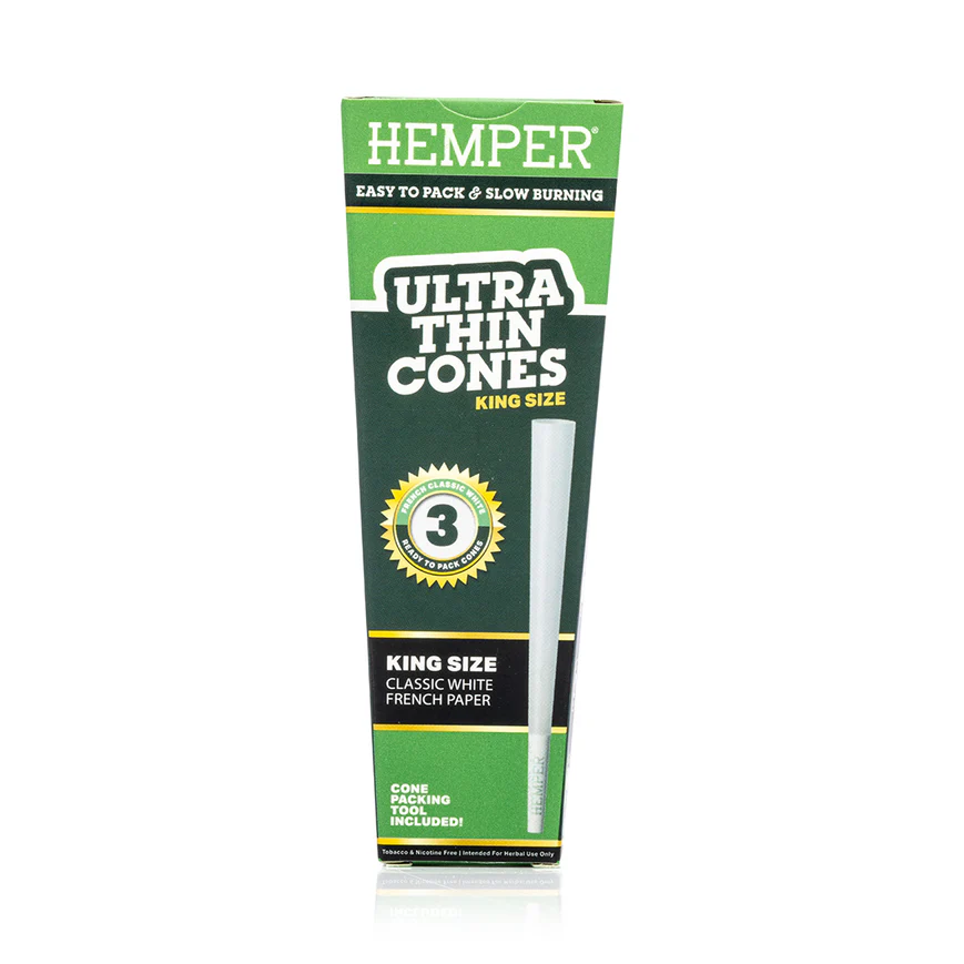 Photograph of product: Accessories | Hemper | Paper Cones | Classic White King Size | 3pk