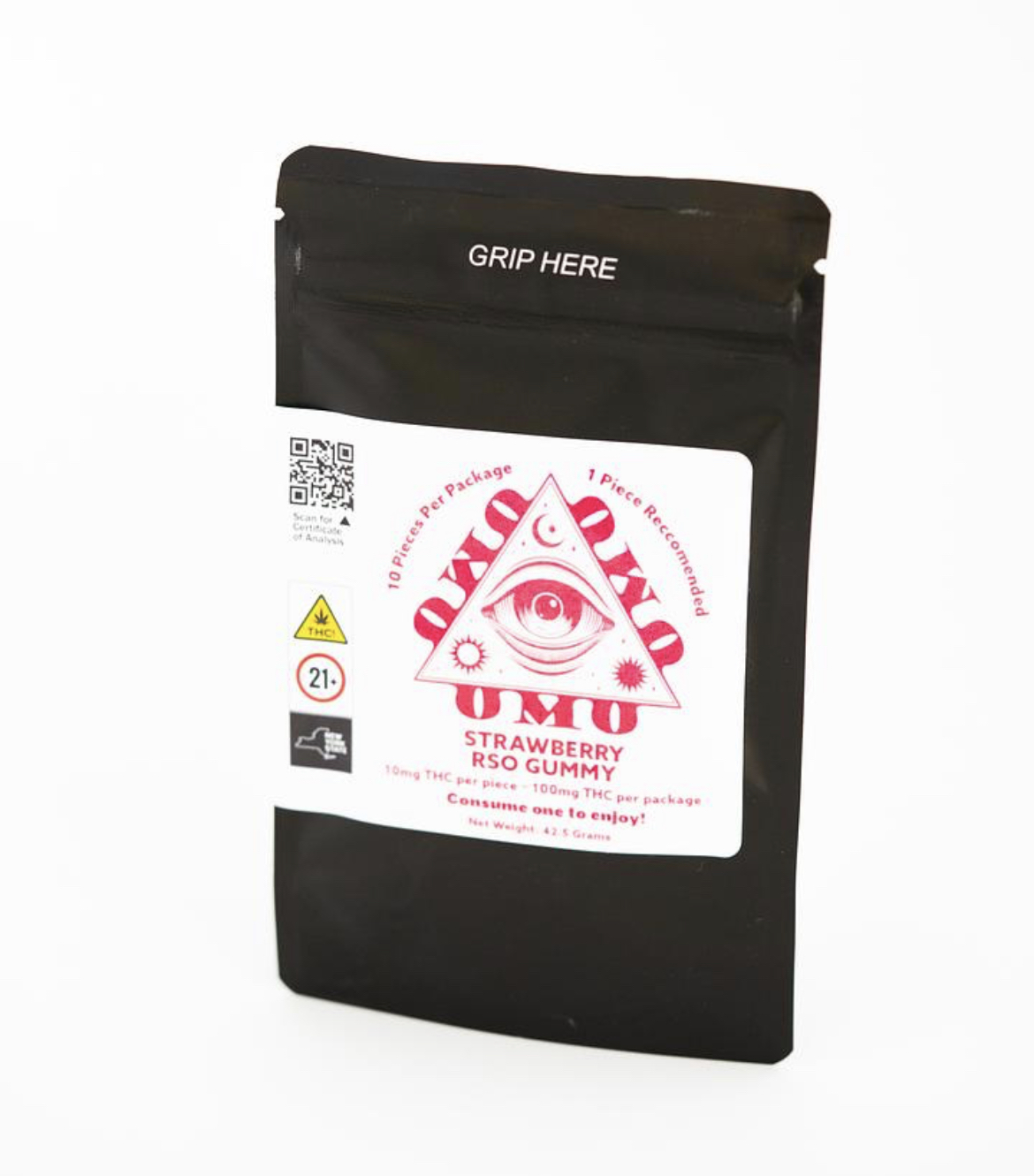 Photograph of product: OMO Strawberry RSO Gummies 100mg 10pk 10mg TH-oui each