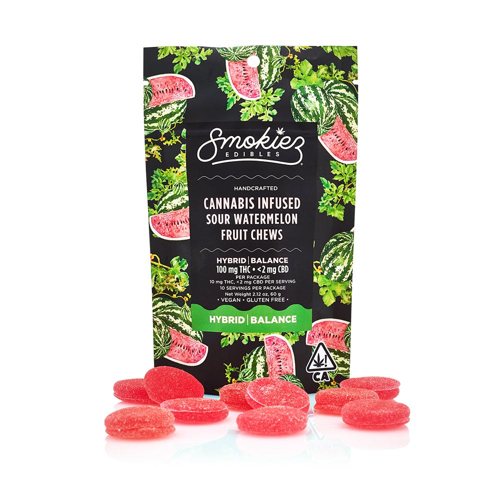 Photograph of product: Smokiez- Sour Watermelon Chews HYBRID Balance 100mg