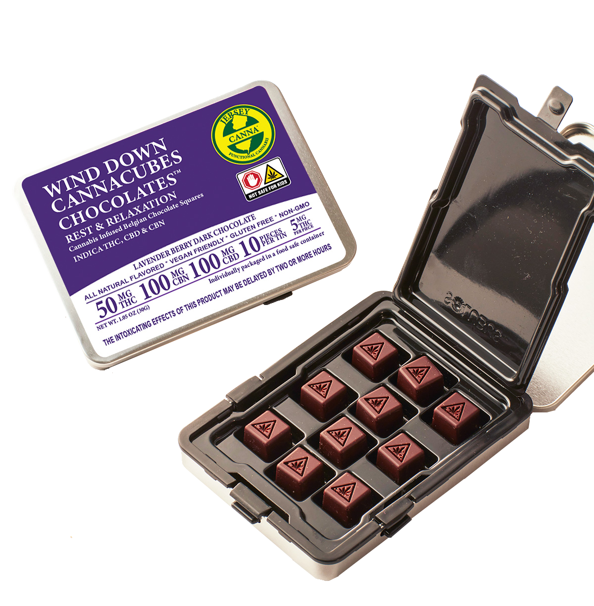 Photograph of product: Jersey Canna | Wind Down Cannacubes | Belgian Dark Chocolate | 10 pack 50 mg