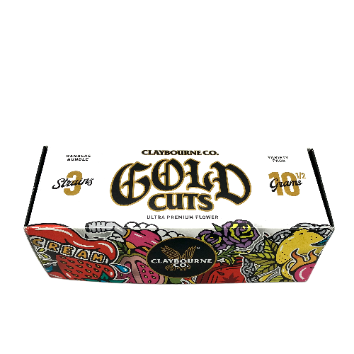 Photograph of product: Claybourne Co Gold Cuts Gas Plant x Strawberry C.R.E.A.M. x Cobra Kush 3 Pack Flower 10.5g