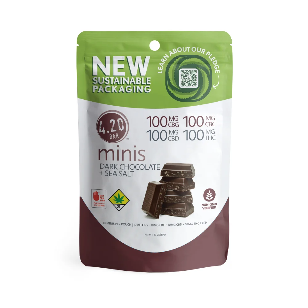 Photograph of product: 420 Mini | Dark Chocolate Sea Salt 1:1:1:1 | DOH | 10pk |  100mg CBD : 100mg TH-oui : 100mg CBG : 100mg CBC