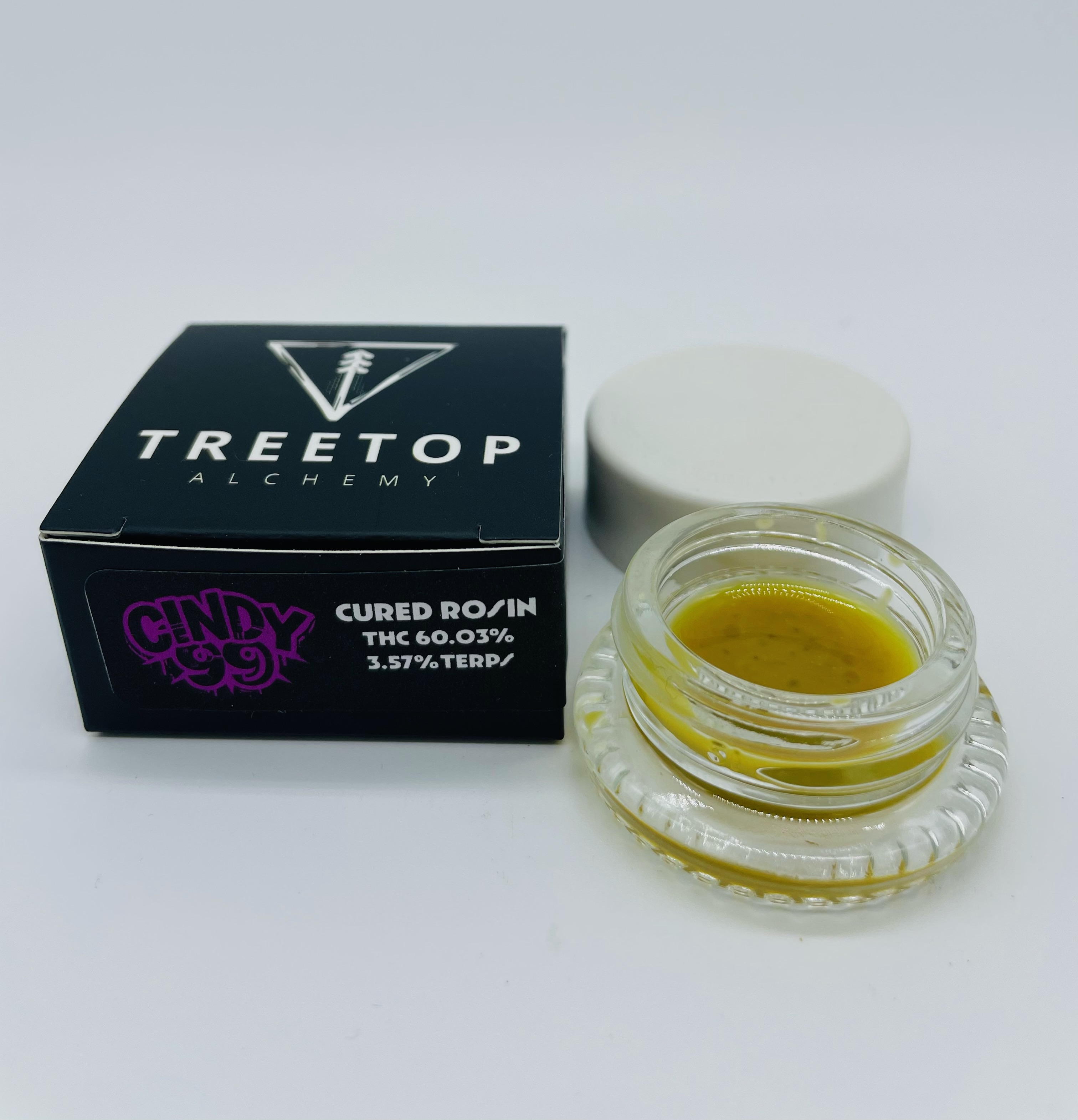 Photograph of product: Treetop Alchemy | Cindy 99 Cured Rosin | Rosin | 1.75g l 60.66% TH-oui